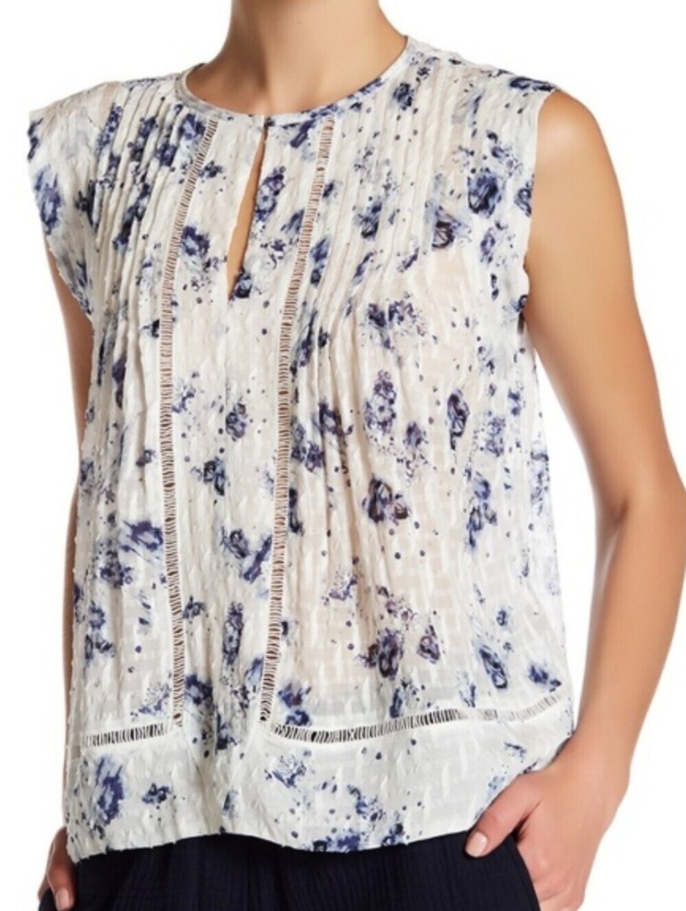 Rebecca Taylor Meteor Floral Silk Blouse Top White & Blue Women's Size 10 Preppy